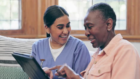 happy woman, doctor and tablet in elderly care