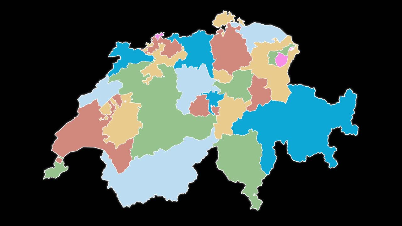 Animazione digitale della Svizzera con diversi cantoni. Distretti multicolori su sfondo nero. Svizzera, Europa.