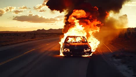 a car on fire on the side of the road