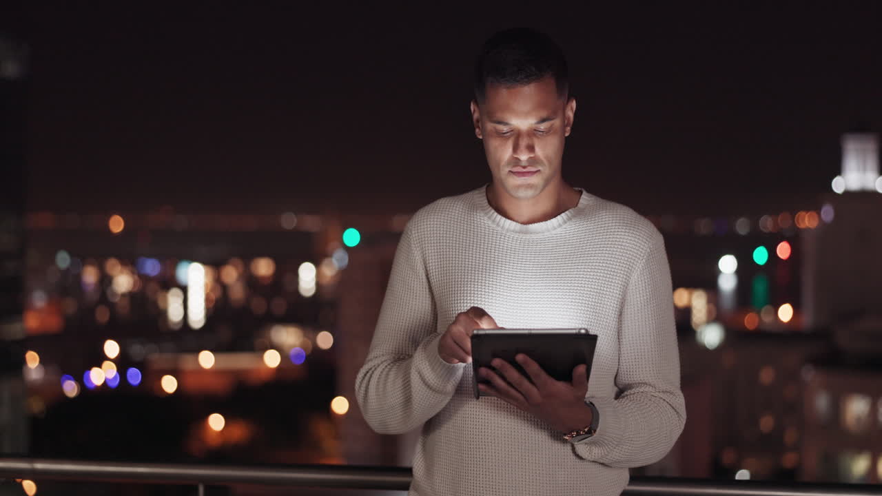 Man, tablet and city using night data to scroll