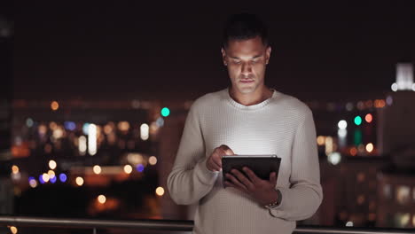 Man, tablet and city using night data to scroll