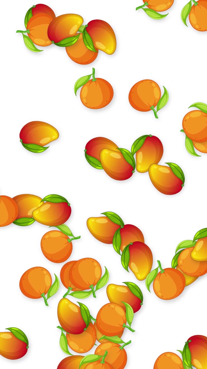 Frutti tropicali animati cadono verticalmente su uno sfondo bianco semplice con ombre morbide.