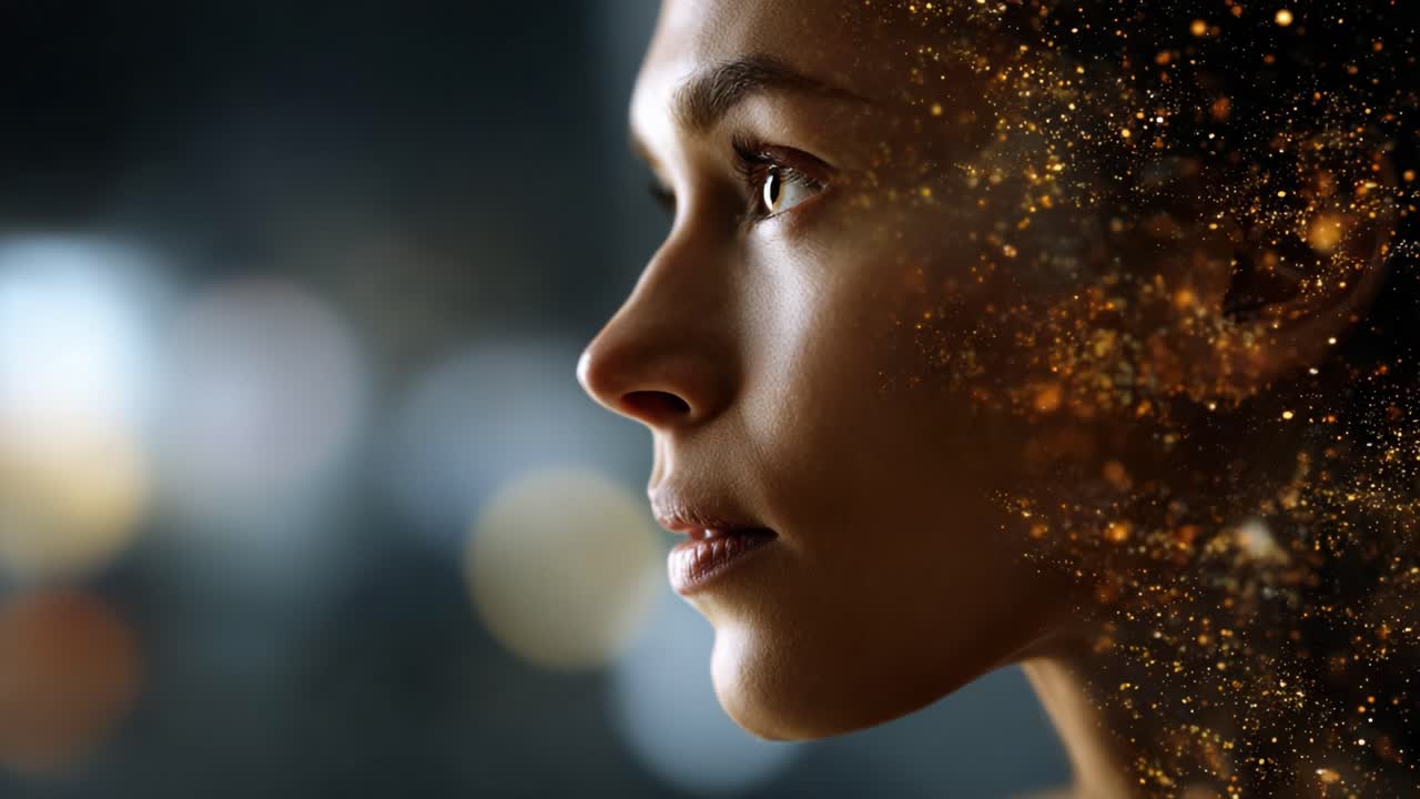 A captivating profile of a young woman highlighting the contrast between her serene expression and a mesmerizing golden cosmic background of swirling particles