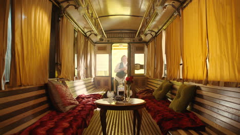vintage train car interior with man