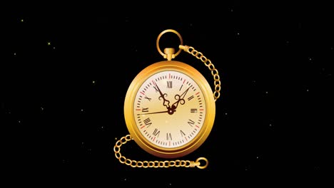 animación de reloj de bolsillo de oro y cadena sobre estrellas blancas que se mueven sobre fondo negro