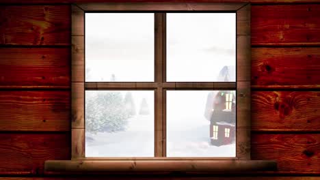 Animation of winter christmas scene with house seen through window