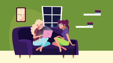 girls in livingroom work at home campaign animation