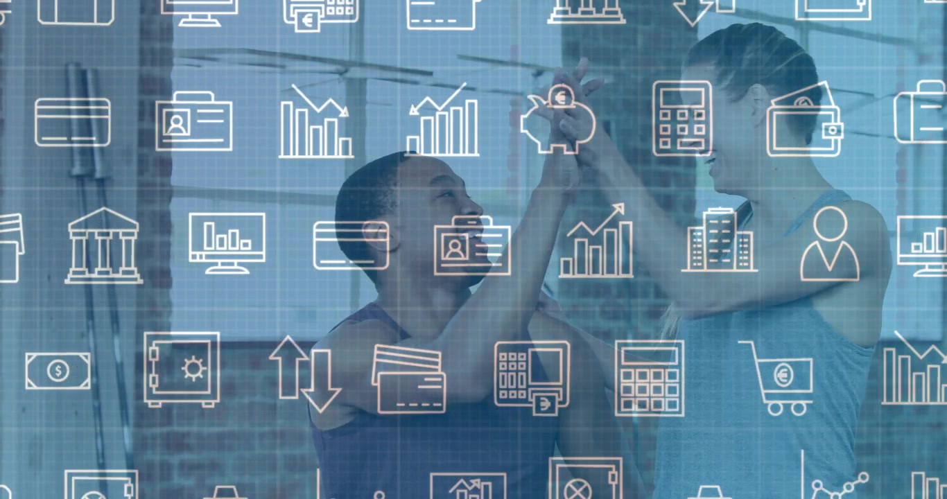 Floating finance icons initiating man sitting bench press and woman placing hand discussing savings
