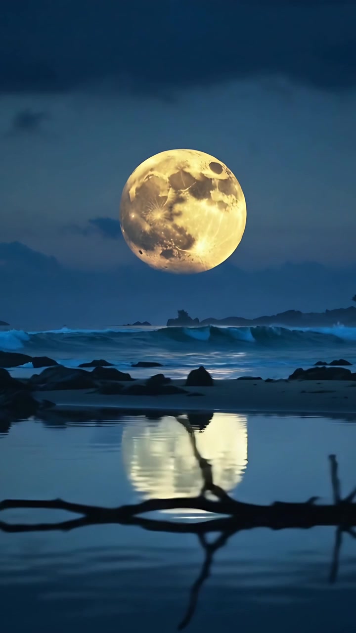 Vídeo vertical: Ondas a tocar uma poça de maré, com o reflexo ondulante da lua cheia numa costa rochosa, mostrando um tronco.