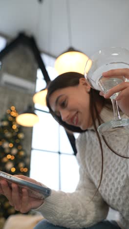 mujer disfrutando de un cóctel y usando un teléfono