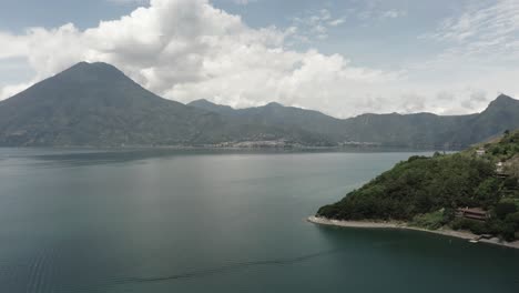 aerial view over calm waters of atitlan lake in guatemala