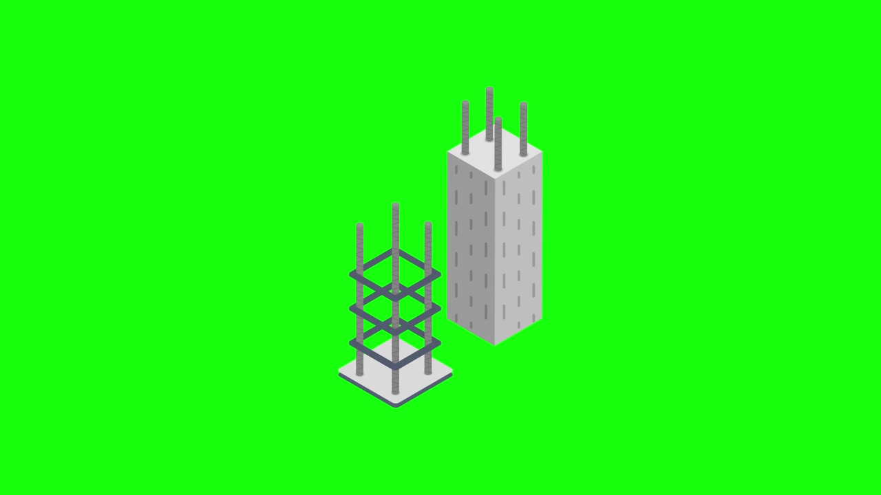 Animazione isometrica di costruzione di edifici su green screen