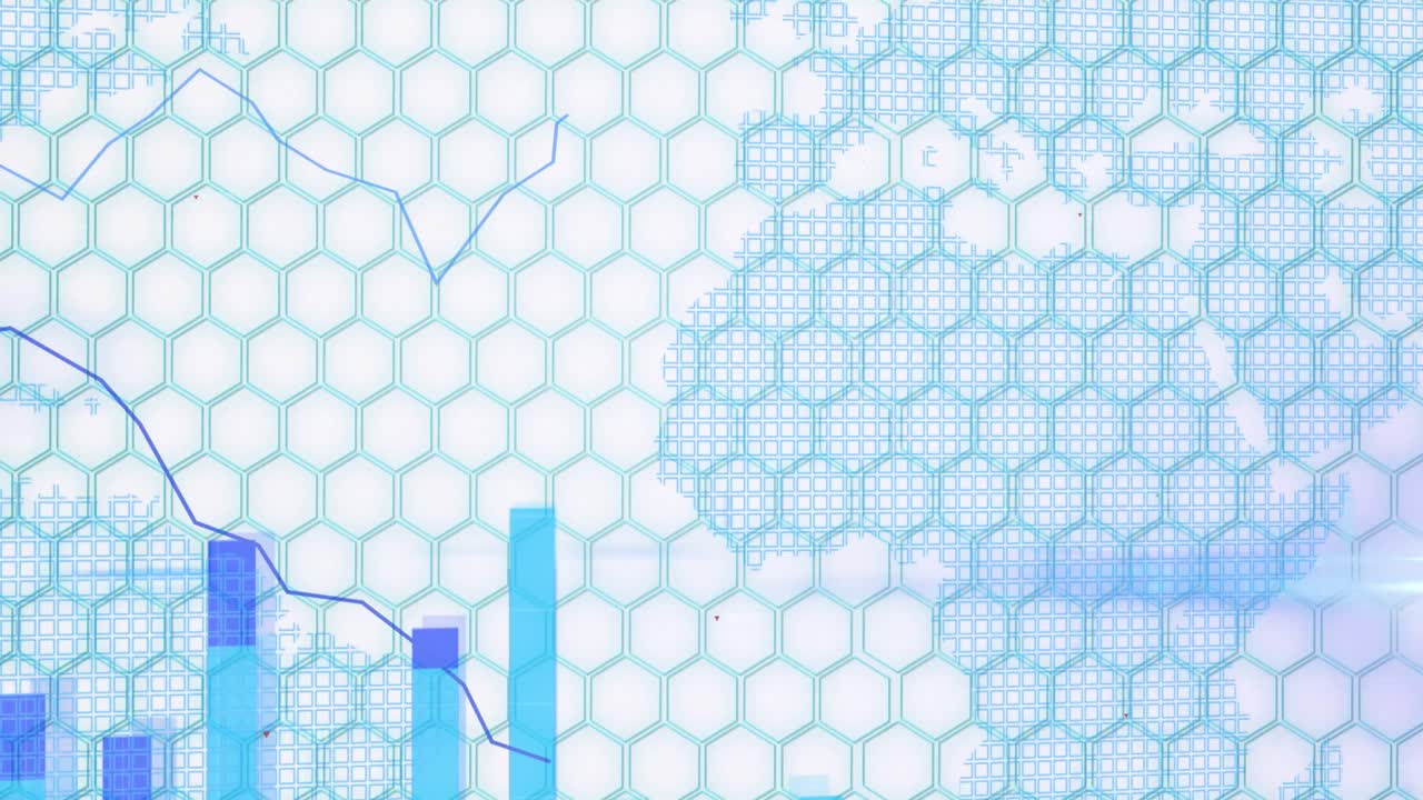 animación del mapa del mundo con gráfico y rastros de luz sobre hexágonos sobre fondo blanco