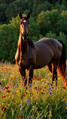 brown horse in a colorful meadow at sunset