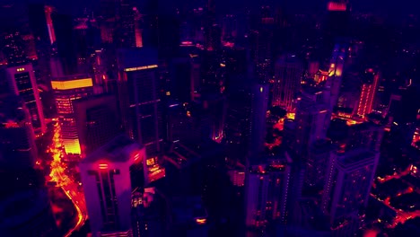 aerial view of skyscrapers at the kuala lumpur city in the 80s style video, neon colors. wide shot 4k shot