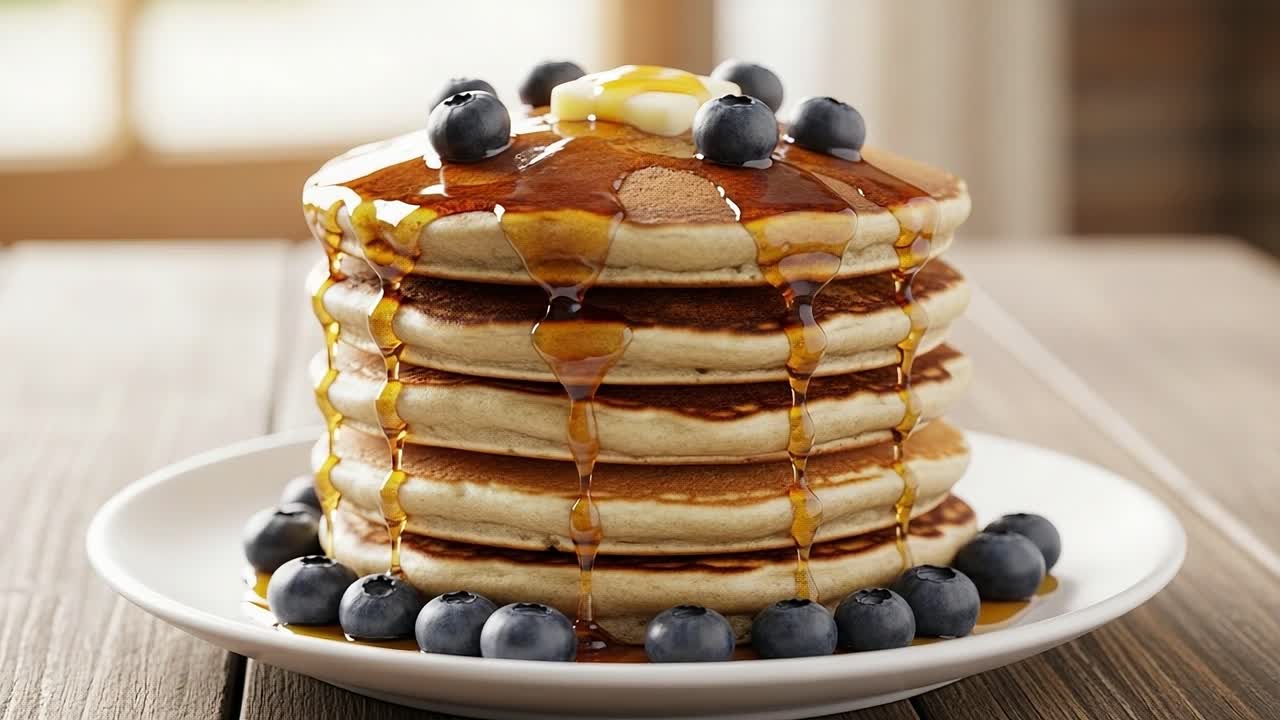 Delicious Stack of Fluffy Pancakes with Melting Butter, Fresh Blueberries, and Golden Syrup Drizzled Over the Top, Perfect for Breakfast Treats