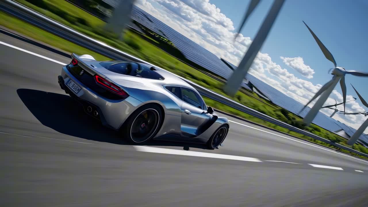 Vista laterale dinamica di un'elegante auto sportiva argentata che sfreccia su un'autostrada, ripresa con un'angolazione bassa