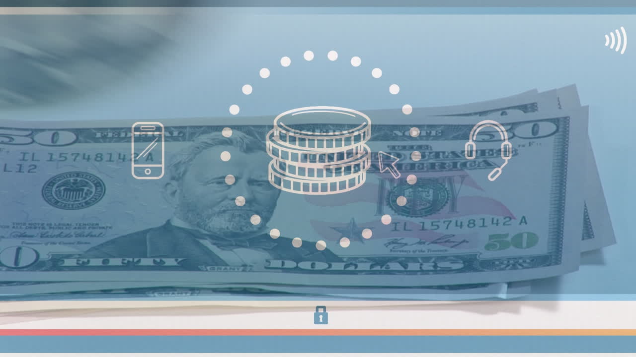 미국 달러 지폐와 온라인 결제 아이콘의 애니메이션