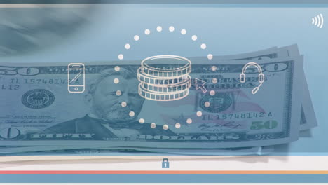 animación de billetes de dólares estadounidenses e iconos de pago en línea
