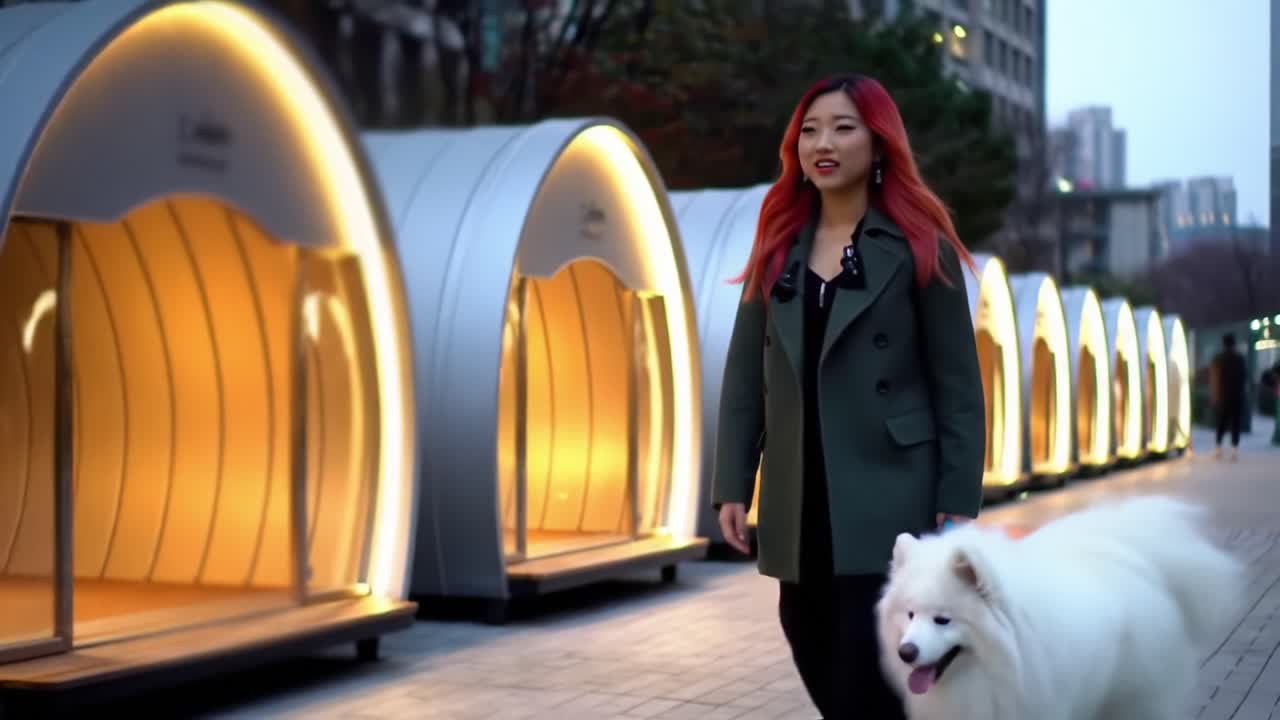 A Woman Enjoys an Evening Walk with Her Samoyed Dog Beside Unique Outdoor Cabins, Highlighting Their Bond and the Beautiful City Ambiance