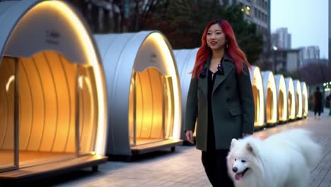 a woman enjoys an evening walk with her samoyed dog beside unique outdoor cabins, highlighting their bond and the beautiful city ambiance