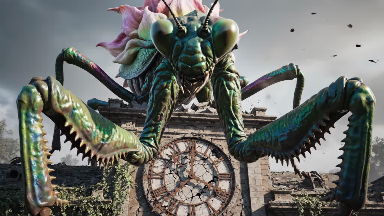 Creatura gigante a forma di mantide religiosa appollaiata su una torre dell'orologio in rovina.