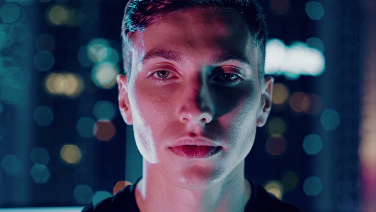 Portrait of a man in neon city lights