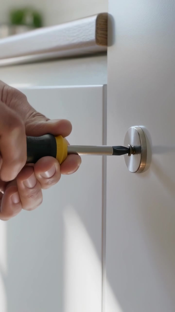 Vertical video: Aligning tip, right hand turning yellow-black driver on cabinet, securing screw