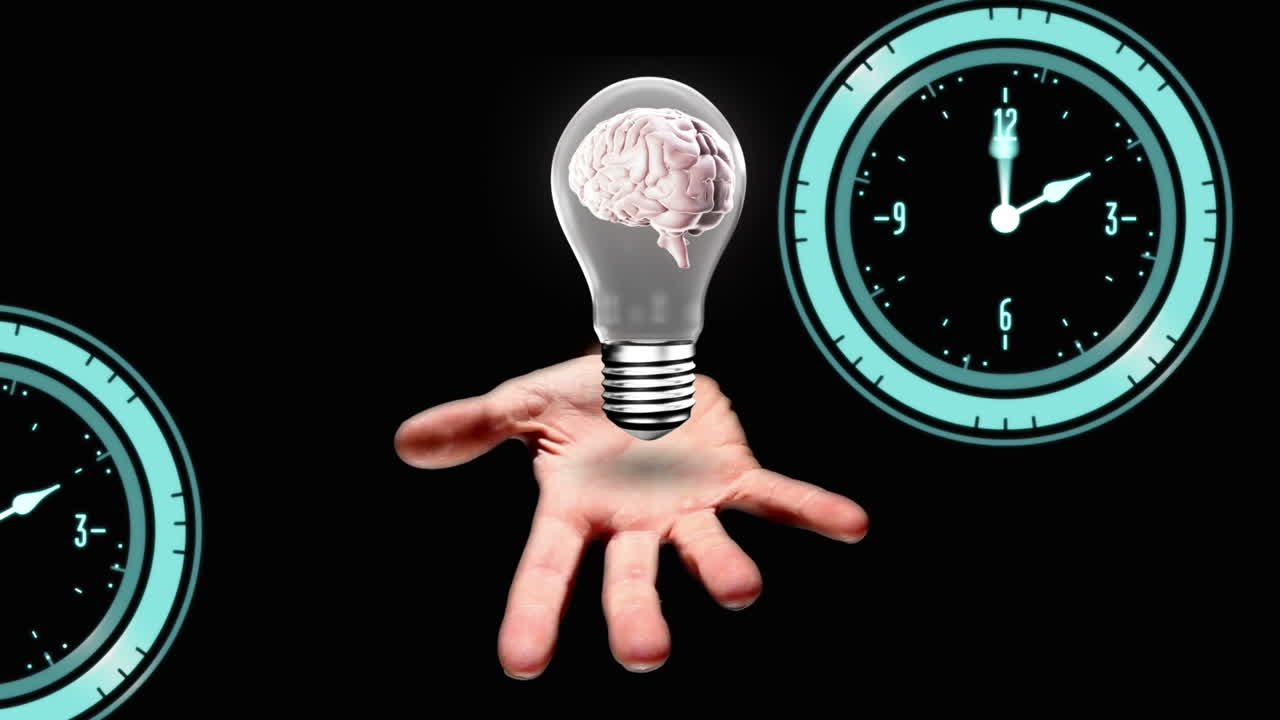 Animation of clock moving over lightbulb and brain