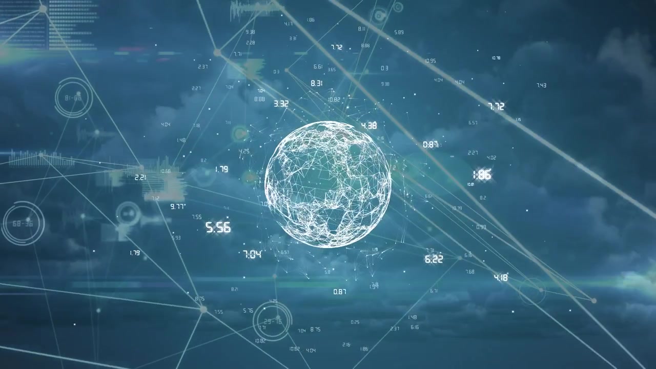 Animation of network of connections with numbers over globe, sky and clouds
