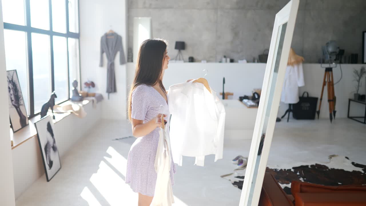 거울 앞 에서 옷 을 시도 하는 여자