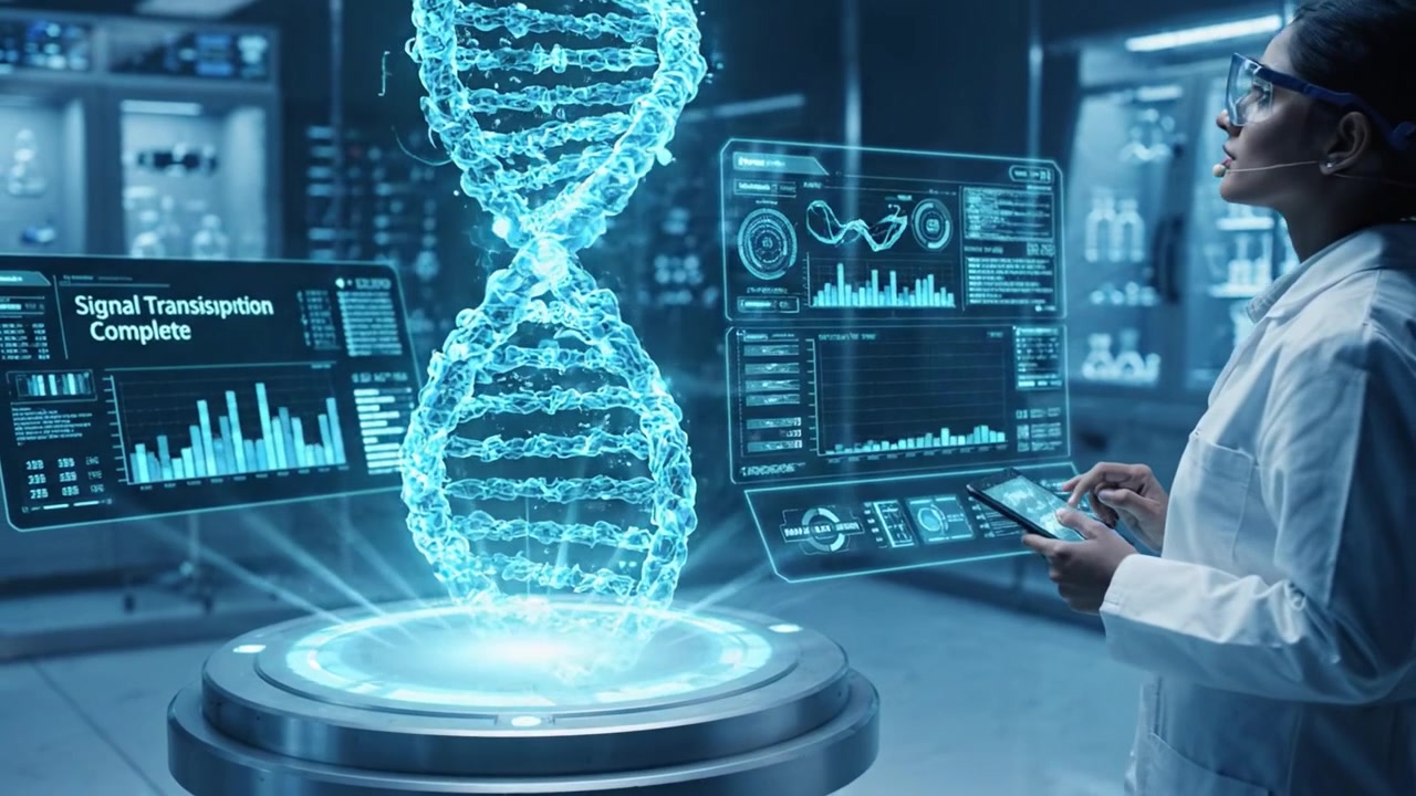 Vědec pracuje s pokročilou 3D technologií v laboratoři, analyzuje genetická data a vizualizuje struktury DNA pro vědecké objevy a inovace.