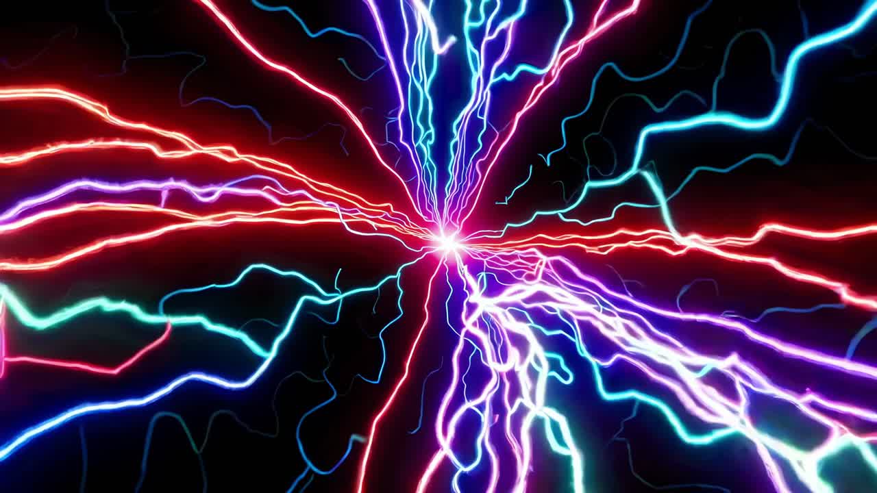 luces eléctricas vibrantes que generan explosiones cósmicas con colores de neón que irradian dinámicamente contra un fondo negro oscuro, creando transformaciones de energía visual inmersivas