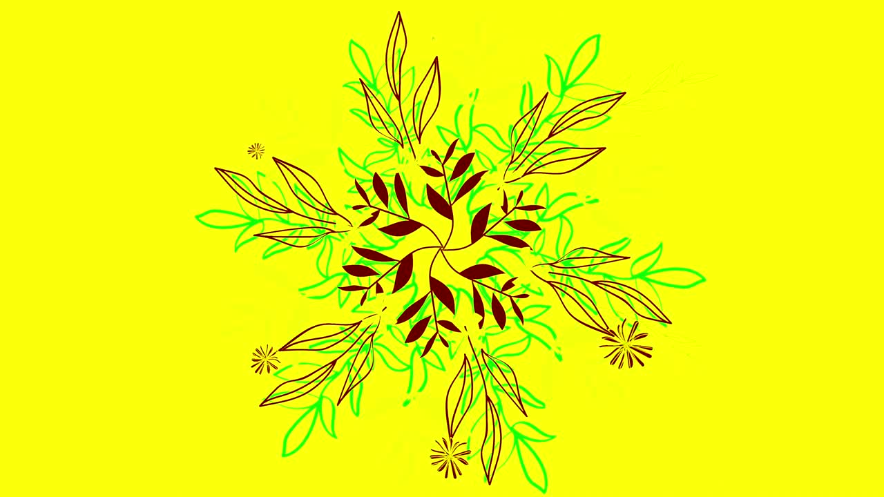 abstractas flores y pétalos esquemáticos coloridos aparecen sobre un fondo amarillo. animación. elegante patrón floral colorido en forma de círculo