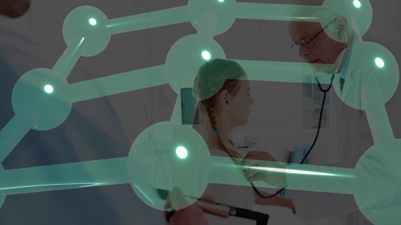 medical team examining patient back with stethoscope in clinic, overlay showing molecular structure