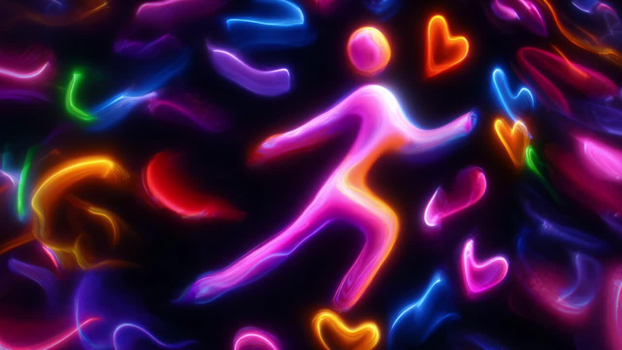 Dynamic illuminated figure in motion amidst vibrant abstract patterns, glowing hearts and shapes, reflecting energy and positivity through colorful neon lights in a captivating digital composition
