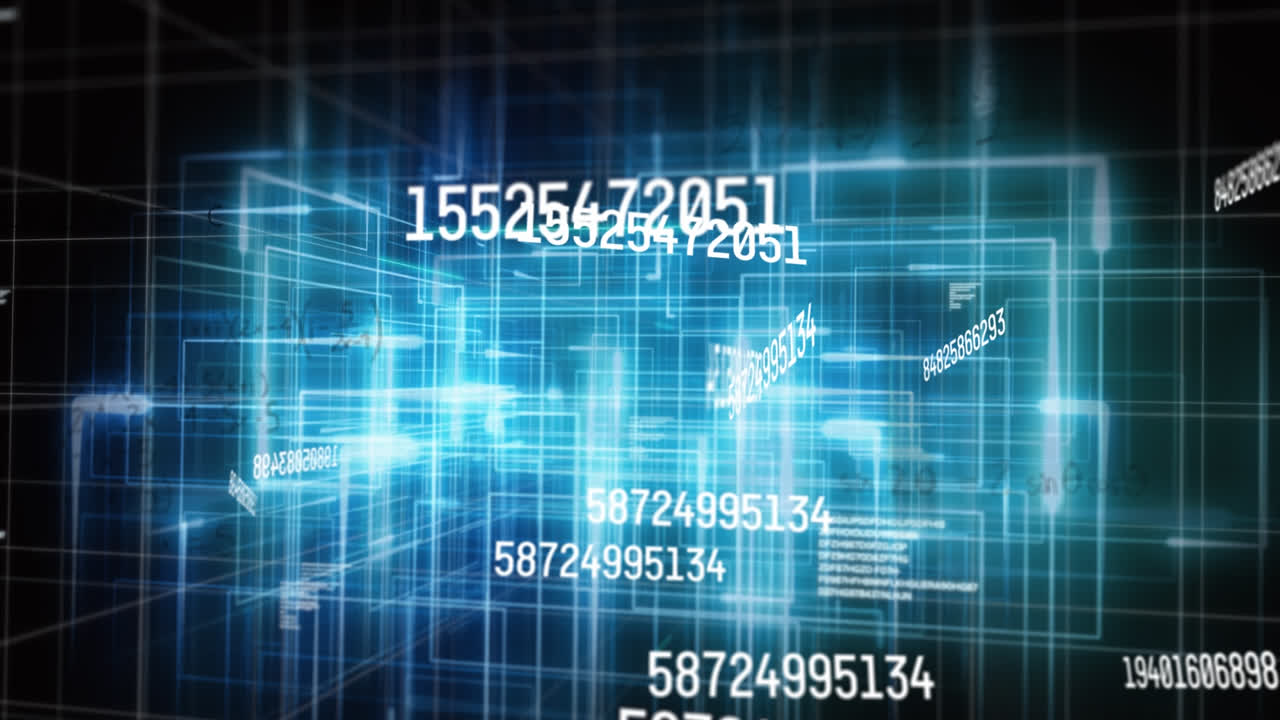 Animation of changing numbers, data processing and globe blue light trails on black background