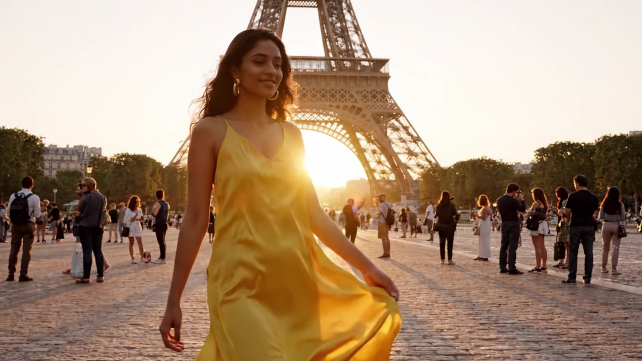 A Woman in a Flowing Yellow Dress Embraces the Golden Glow of Sunset at the Iconic Eiffel Tower, Surrounded by an Enchanting Atmosphere of Romance and Wonder.