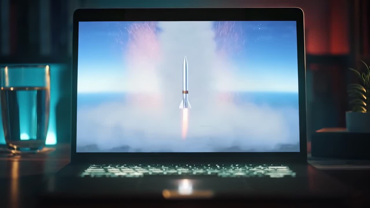 Video di un lancio di razzo sullo schermo di un laptop, ripreso da un'angolazione bassa in una stanza poco illuminata