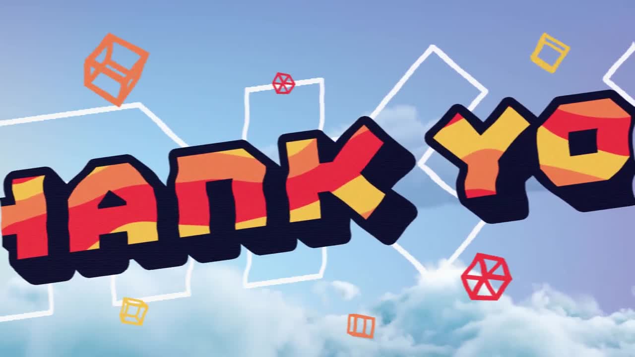 구름이 많은 파란 하늘 위에 있는 감사 문자의 애니메이션