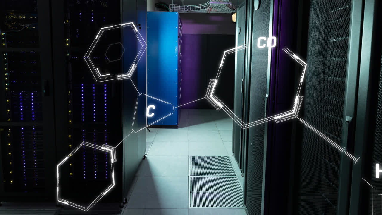 Animation af flydende kemiske strukturer og databehandling mod et computerserverrum.