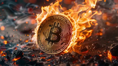 Bitcoin Coin on Fire Amidst Flames and Ashes