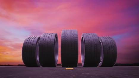 neumáticos de coche de bucle rodando sobre el asfalto en la puesta de sol