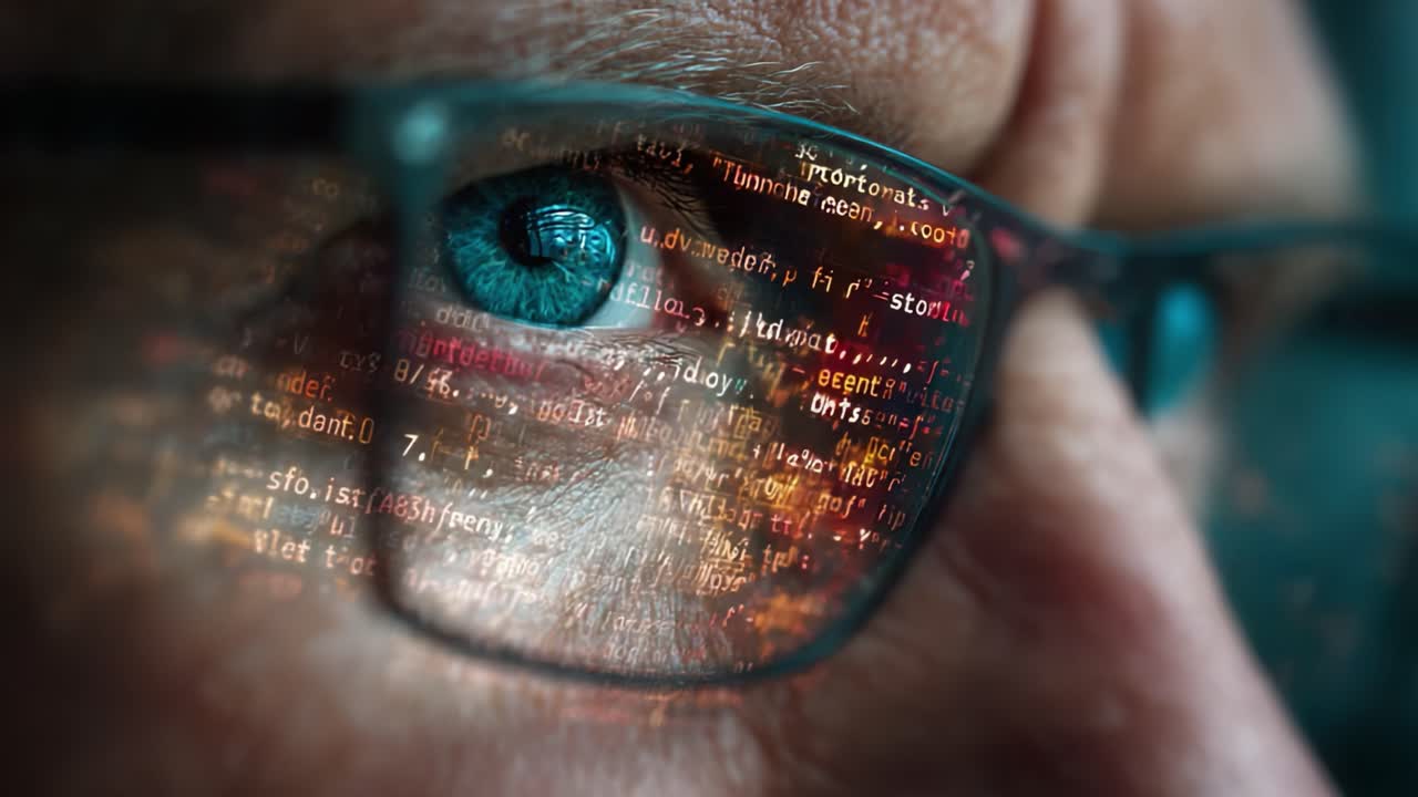A Close-Up of a Person's Eye with Glasses, Reflecting Lines of Code and Data, Symbolizing the Intersection of Technology and Human Perception in a Digital World