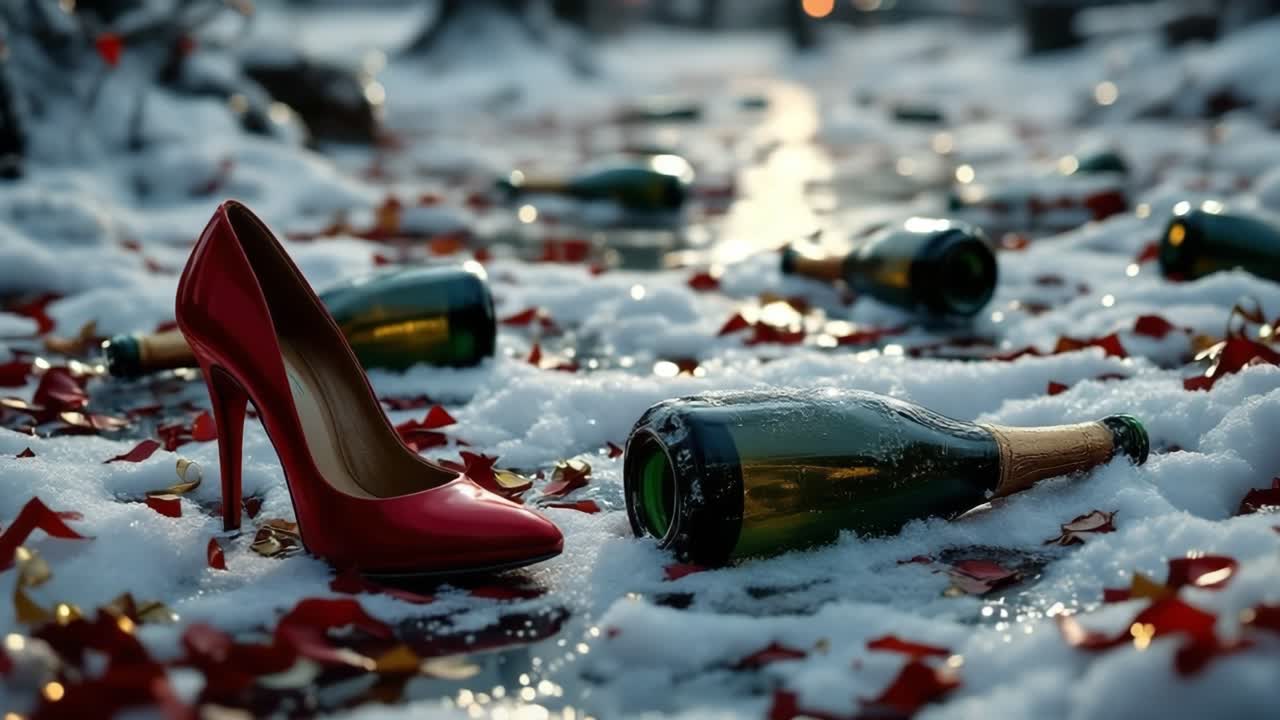 Red high heel shoe stands out amidst scattered champagne bottles and fallen leaves in winter scene