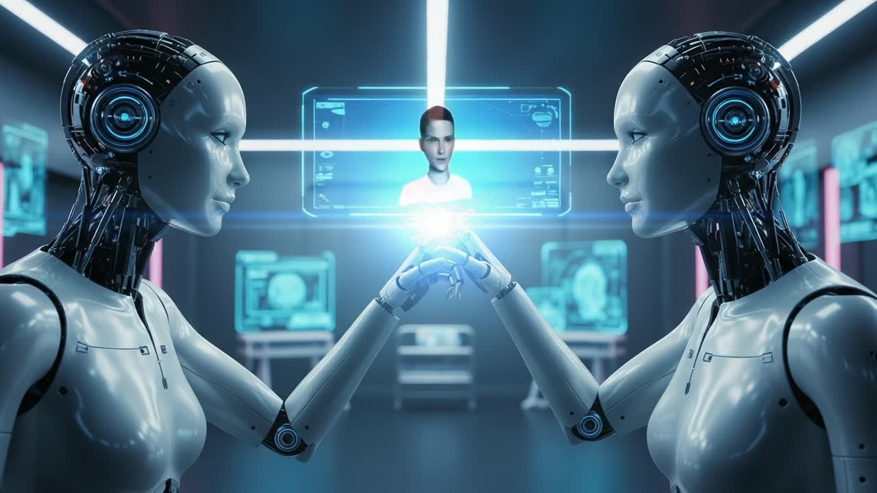 Two Advanced Androids Interacting in a High-Tech Laboratory, Analyzing Data Through Holographic Displays with Realistic Human Interfaces and Futuristic Technology