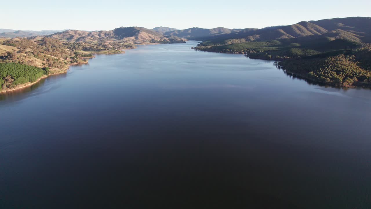 Drone footage of Lake Eildon, near Mansfield in central Victoria, Australia. The storage was 97% full. February 2024.