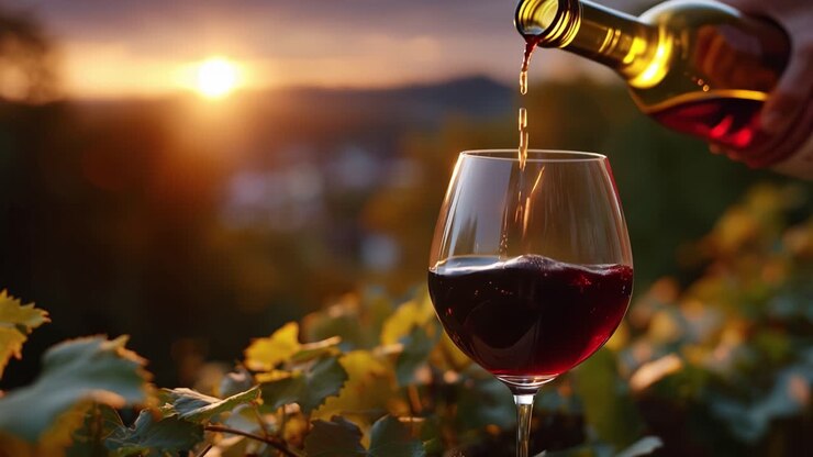 Golden light spills over a vineyard at sunset. Red wine pours into a crystal glass with grace. Leaves shimmer softly in the warm glow. No people are visible, focusing on the quiet moment