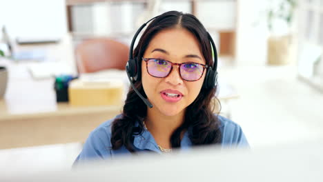 Call-center,-computer-and-happy-woman