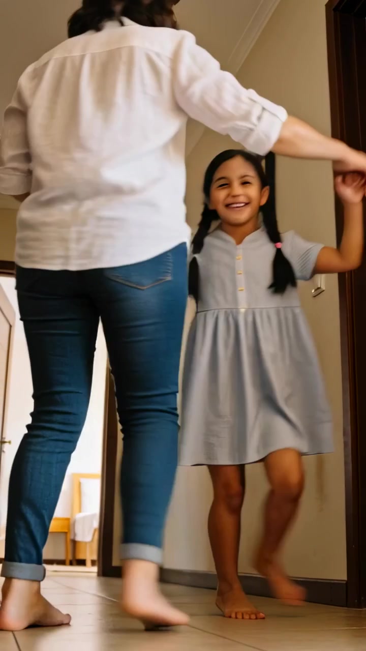 Vertical video: Holding hands, mom-daughter spinning in hallway in play on tiled floor, shirt,dress